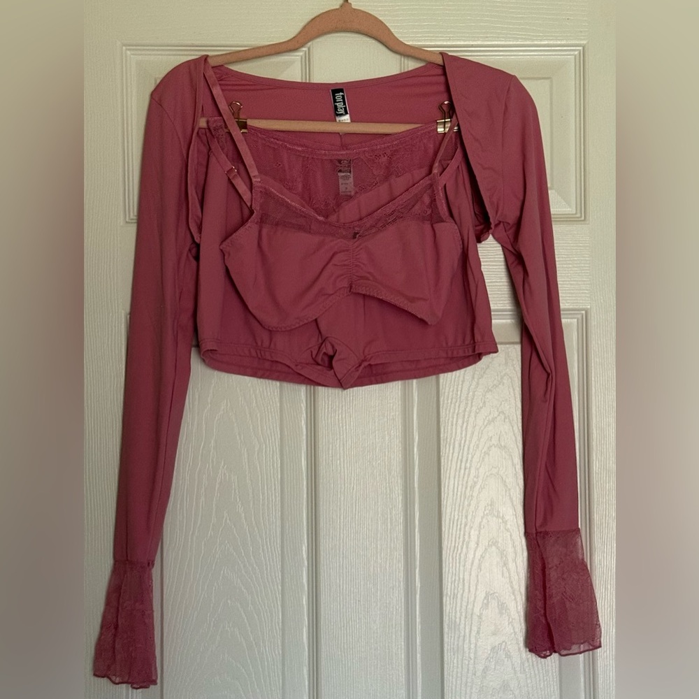 SET - Dusty Pink Lace-Trim bralette, crop top, and shorts Set